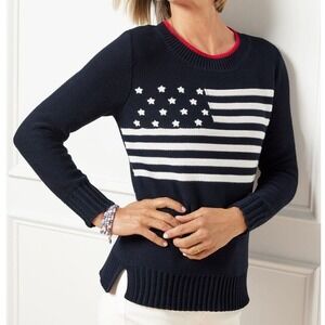 Talbots Navy Blue American Flag Sweater Women's Crew Neck Long Sleeve Knit Top M